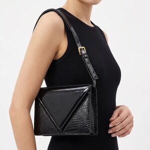 Ande Shoulder Bag Womens OS Vintage Patent Croc Embossed Black Envelope